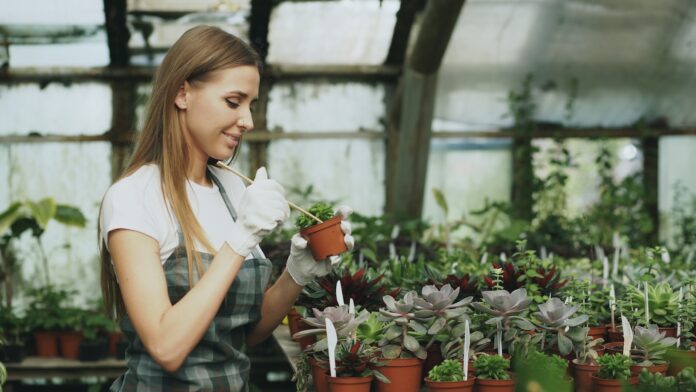 Woman tending to potted plants in a greenhouse