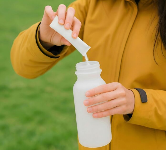 Person pouring powder into a water bottle